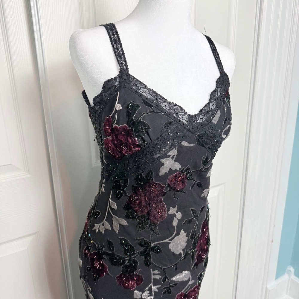 VTG Sue Wong Silk Burnout Velvet Floral Beaded Lace Maxi Dress Black Burgundy 6 - Picture 2 of 16